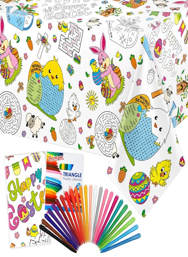 Faccito Easter Coloring Tablecloth 108 x 54 Inch Easter Bunny Egg Coloring Poster with 24 Crayons Giant Paper Table Cover for Holiday Party Gifts Family Activities - Image 1